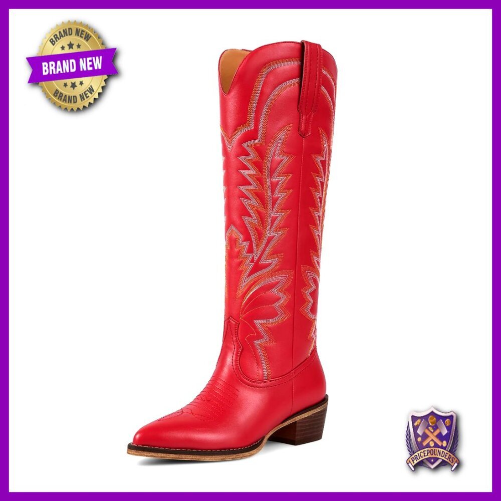 Knee High Cowboy Boots Embroidered Pointed Toe Chunky Heel Pull On Retro Western